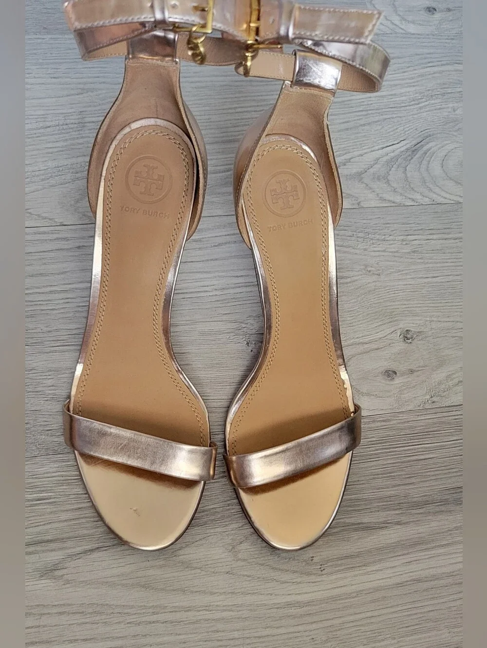 Tory Burch Ellie Ankle-Strap Sandle Heel 85mm Mirror Metallic Spark Rose Gold, 9